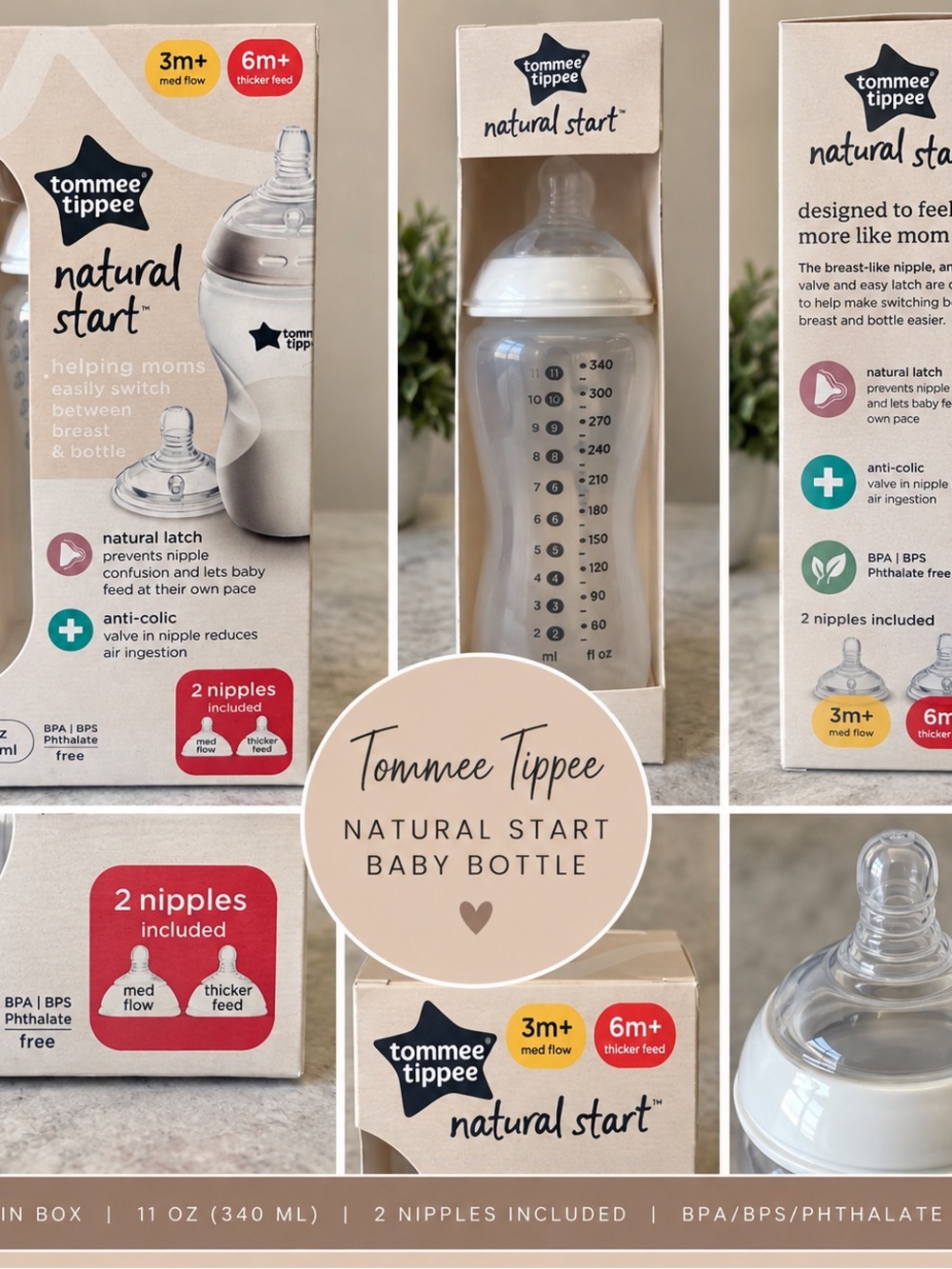 Tommee Tippee Natural Start 11oz Baby Bottle 3m+ 6m+ Nipples NEW
